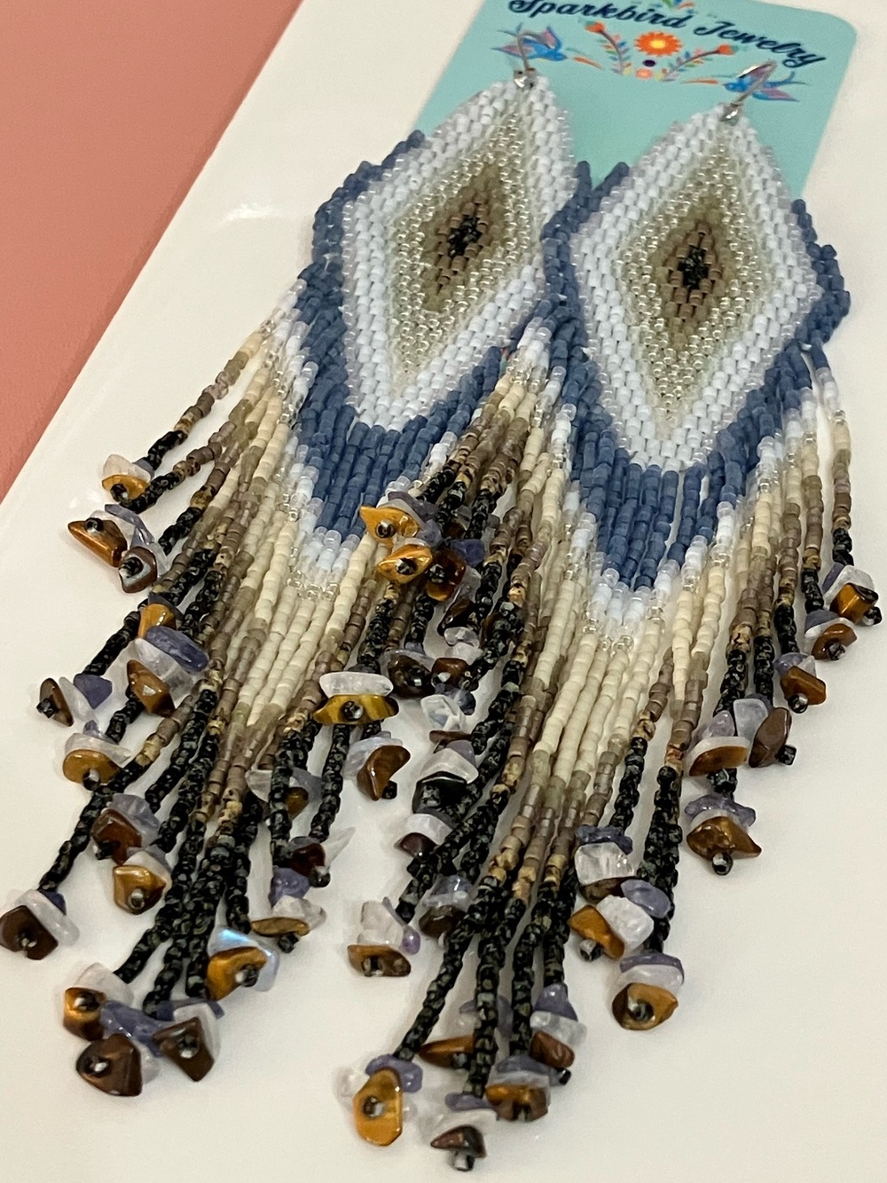 Handmade Beaded Fringe Earrings in Blue, Cream & Brown
